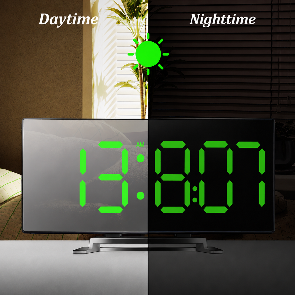 Digital Alarm Clock with Curved Mirror LED Display and Battery Powered Operation - Image 3
