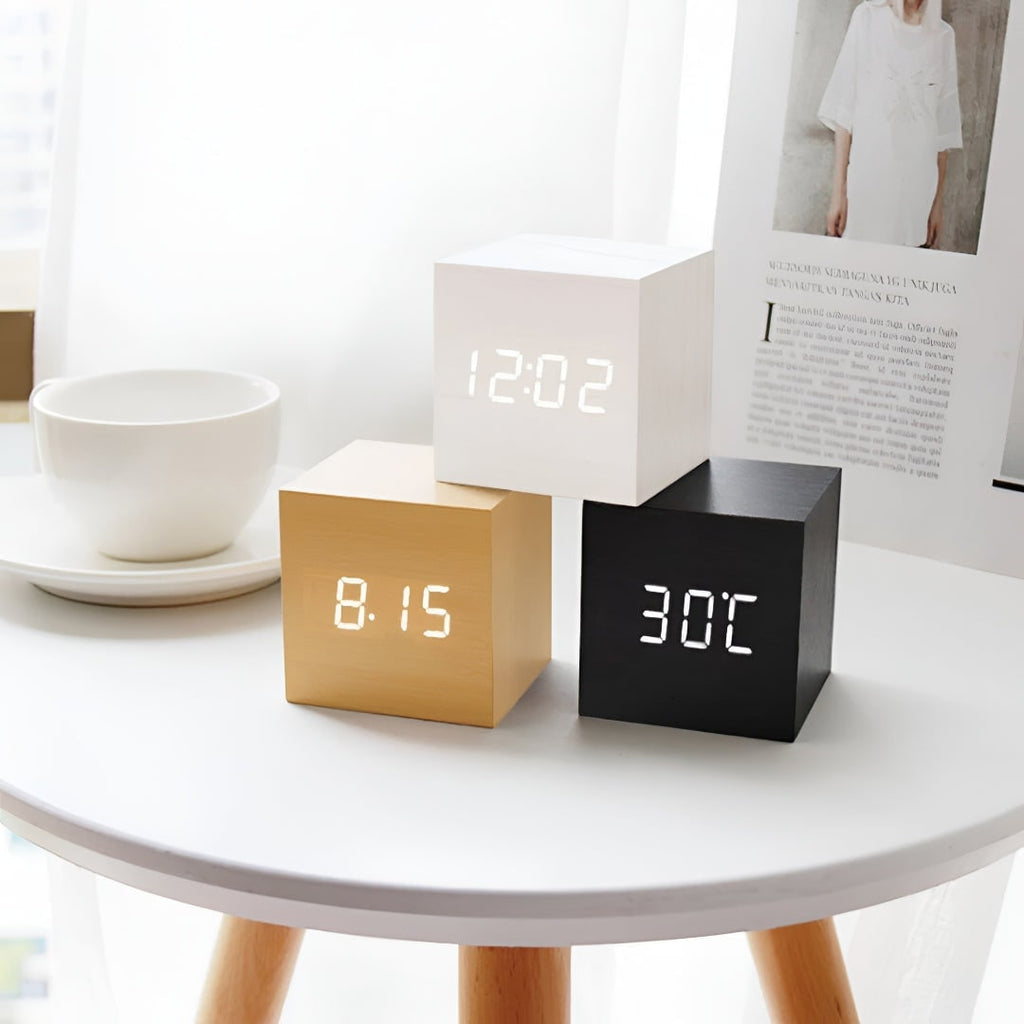 Digital Alarm Clock with LED Display and Temperature Wooden Cube Tabletop Design - Image 1