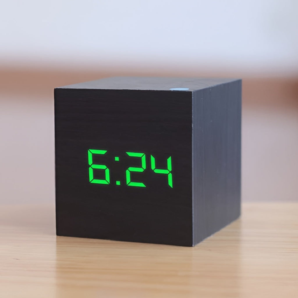Digital Alarm Clock with LED Display and Temperature Wooden Cube Tabletop Design - Image 3
