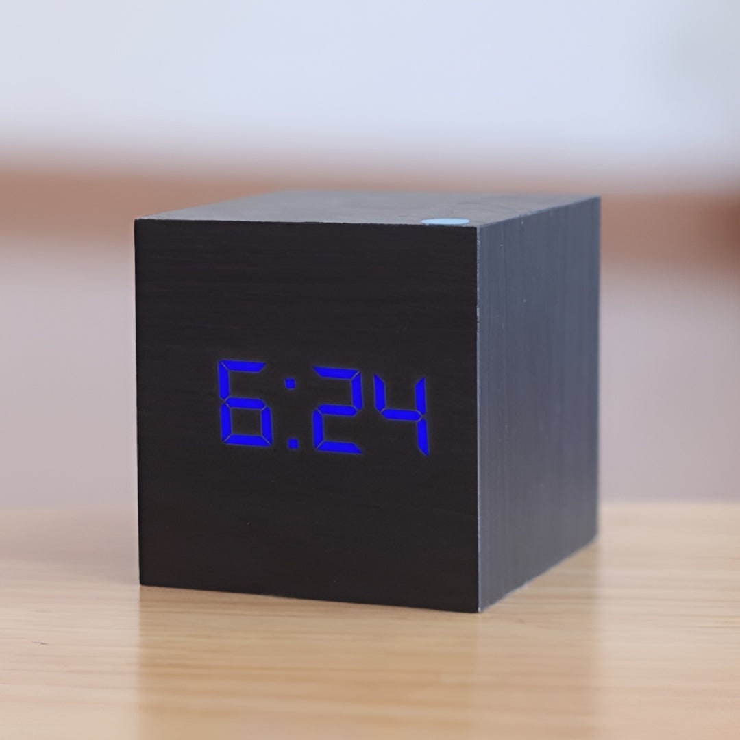 Digital Alarm Clock with LED Display and Temperature Wooden Cube Tabletop Design - Image 4