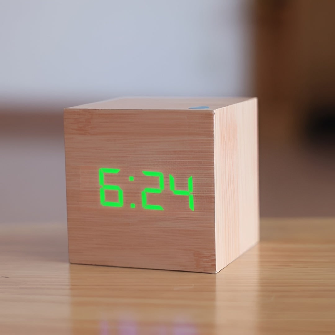 Digital Alarm Clock with LED Display and Temperature Wooden Cube Tabletop Design - Image 8