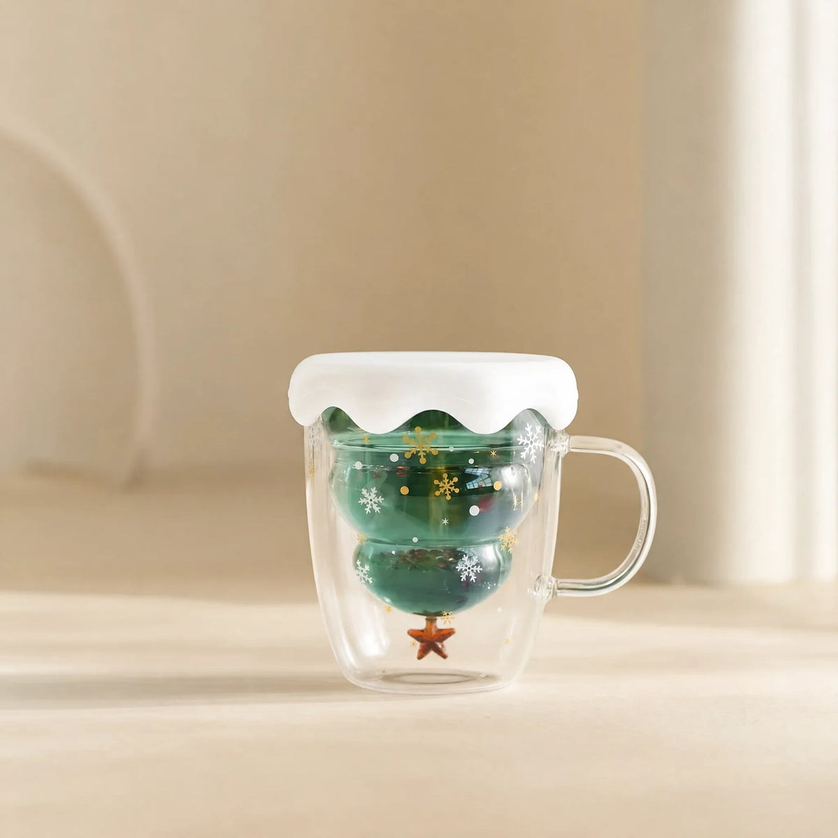 Double Wall Glass Mug Christmas Tree Shaped with Lid and Snowflake Design - Image 1