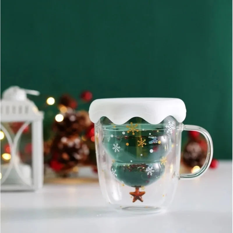 Double Wall Glass Mug Christmas Tree Shaped with Lid and Snowflake Design - Image 2