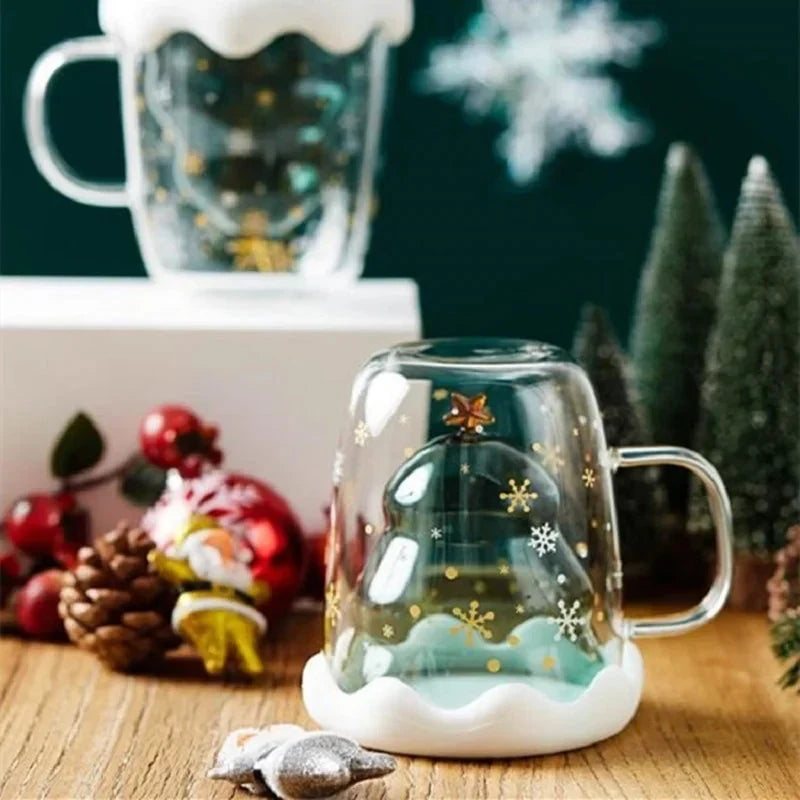 Double Wall Glass Mug Christmas Tree Shaped with Lid and Snowflake Design - Image 4