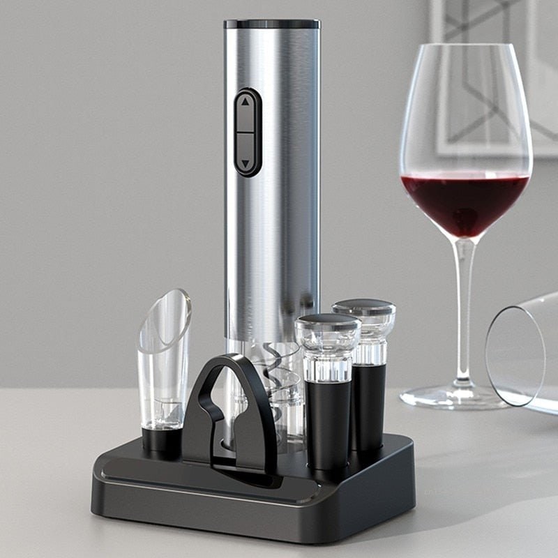 Electric Wine Opener Rechargeable Set with Vacuum Stoppers Foil Cutter and Storage Stand - Image 1