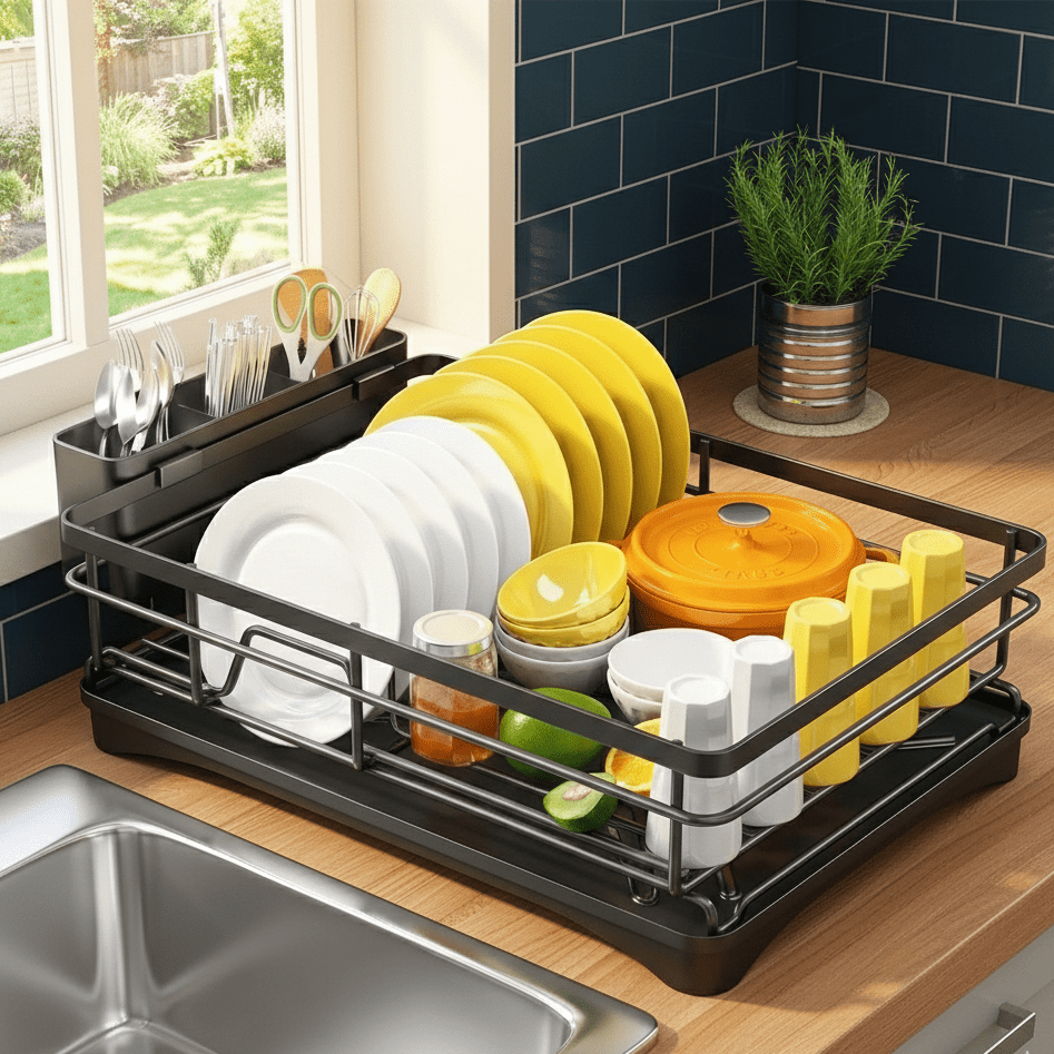 Expandable Dish Drying Rack with Integrated Drip Tray and Over Sink Extension Legs - Image 2