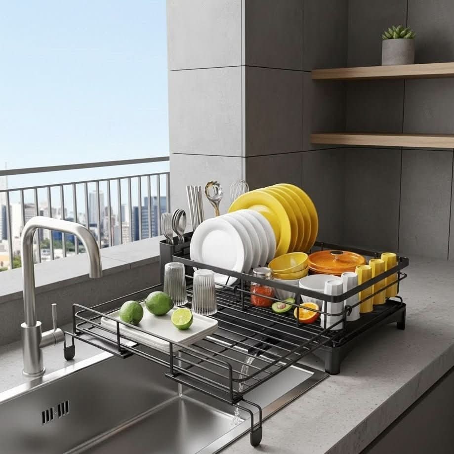 Expandable Dish Drying Rack with Integrated Drip Tray and Over Sink Extension Legs - Image 3