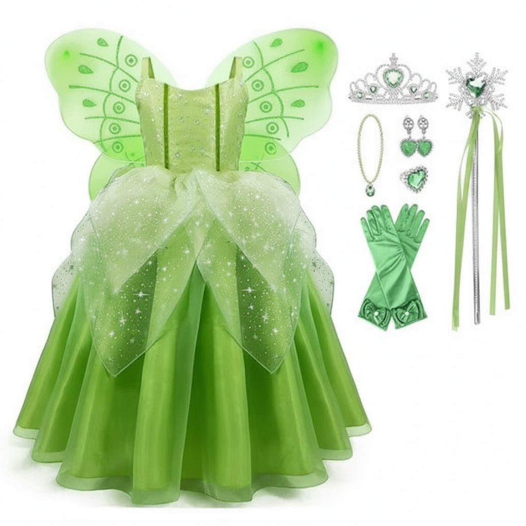 Girls' Fairy Costume with Wings Tiara Wand and Gloves for Dress-Up - Image 5