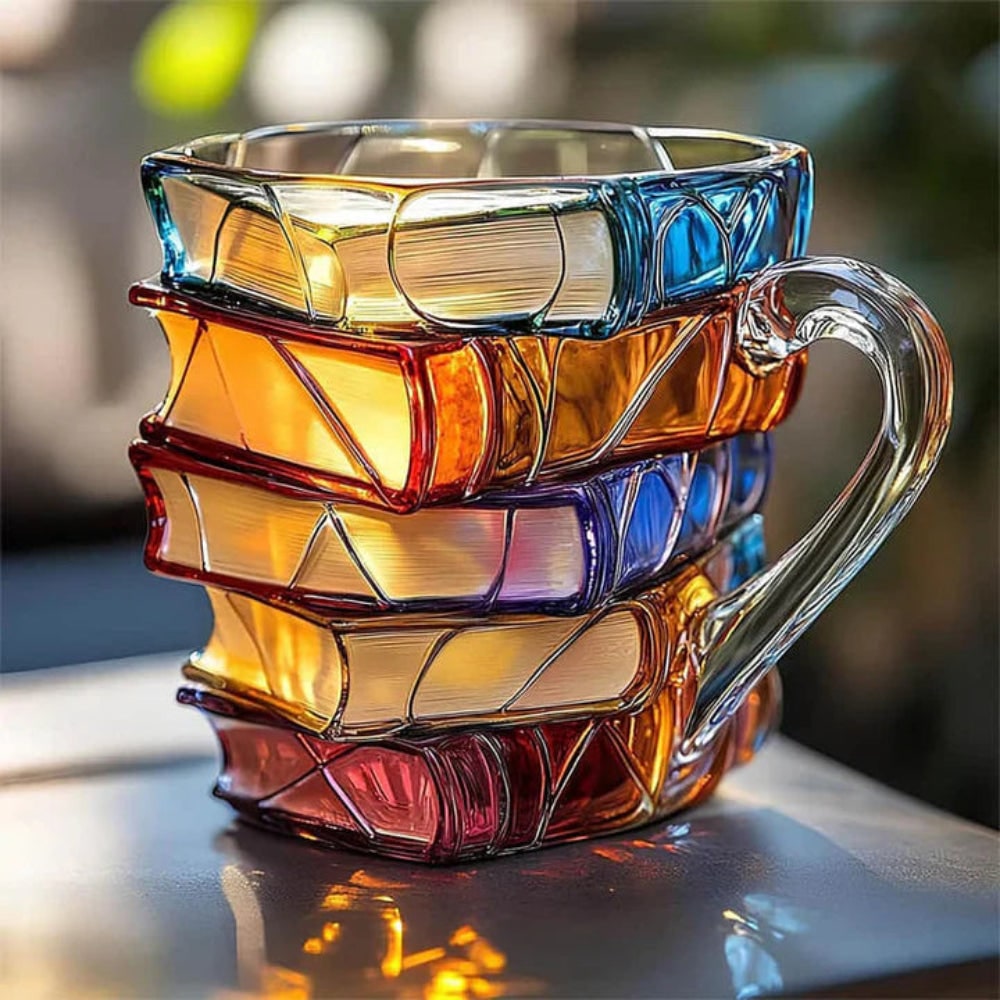 Glass Double Wall Mug with Book Stack Design and Textured Page Details for Lovers - Image 1