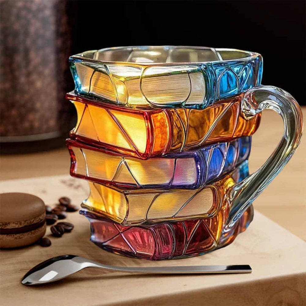 Glass Double Wall Mug with Book Stack Design and Textured Page Details for Lovers - Image 2