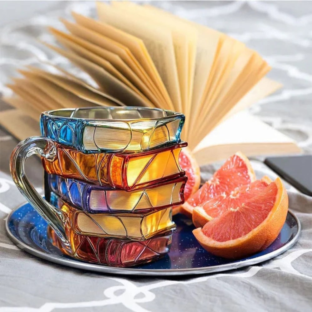 Glass Double Wall Mug with Book Stack Design and Textured Page Details for Lovers - Image 3