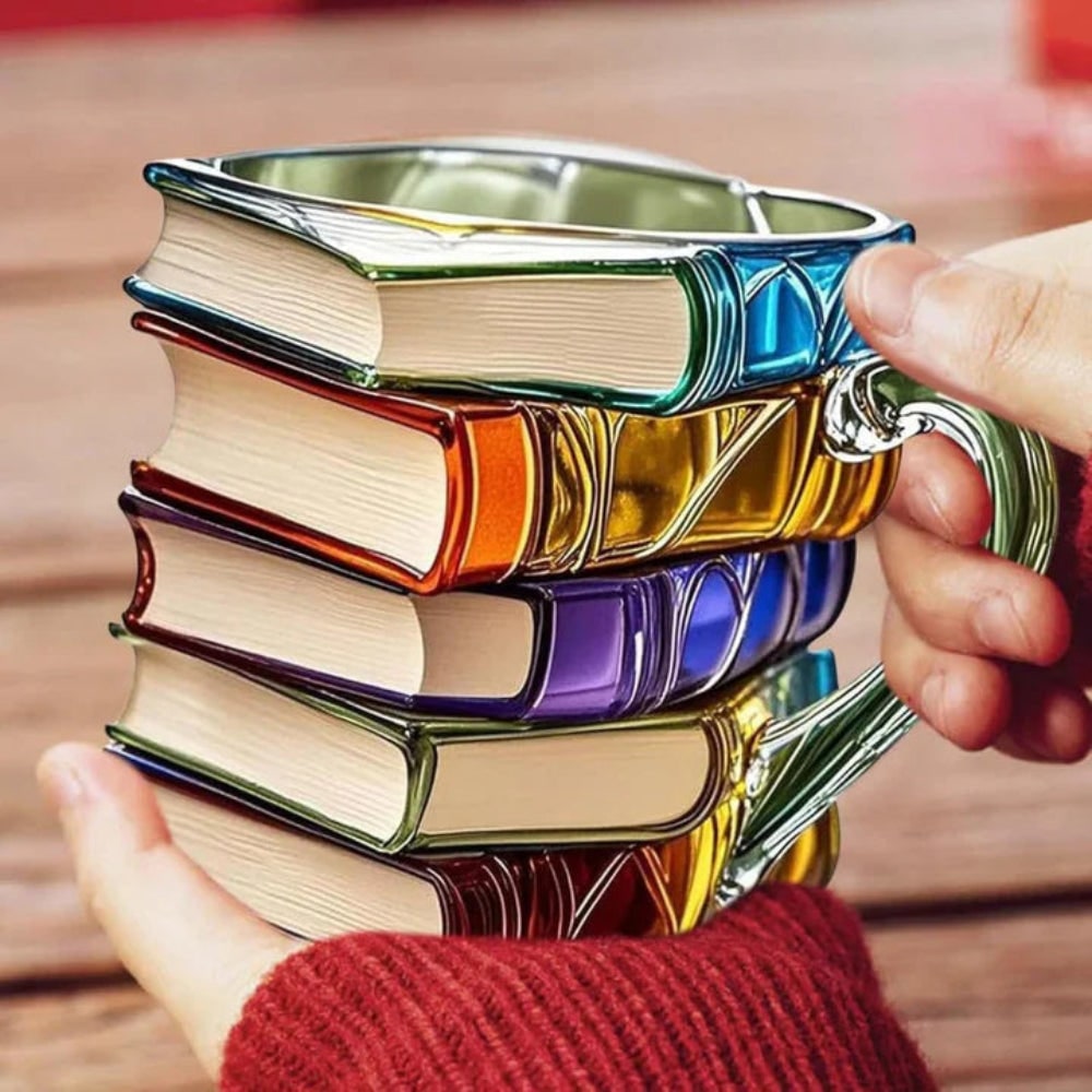 Glass Double Wall Mug with Book Stack Design and Textured Page Details for Lovers - Image 5