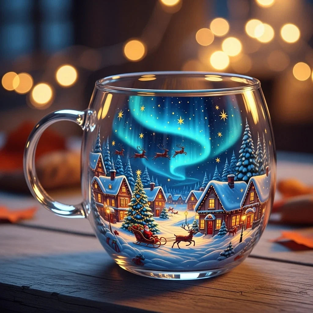 Glass Mug with Festive Holiday Illustrations and Gold-Finished Handle 8 Oz Coffee Cup - Image 1