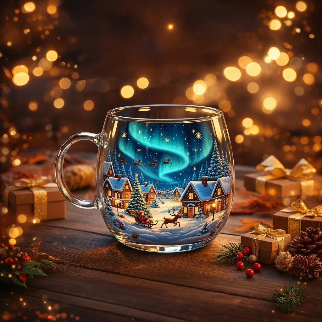 Glass Mug with Festive Holiday Illustrations and Gold-Finished Handle 8 Oz Coffee Cup - Image 4