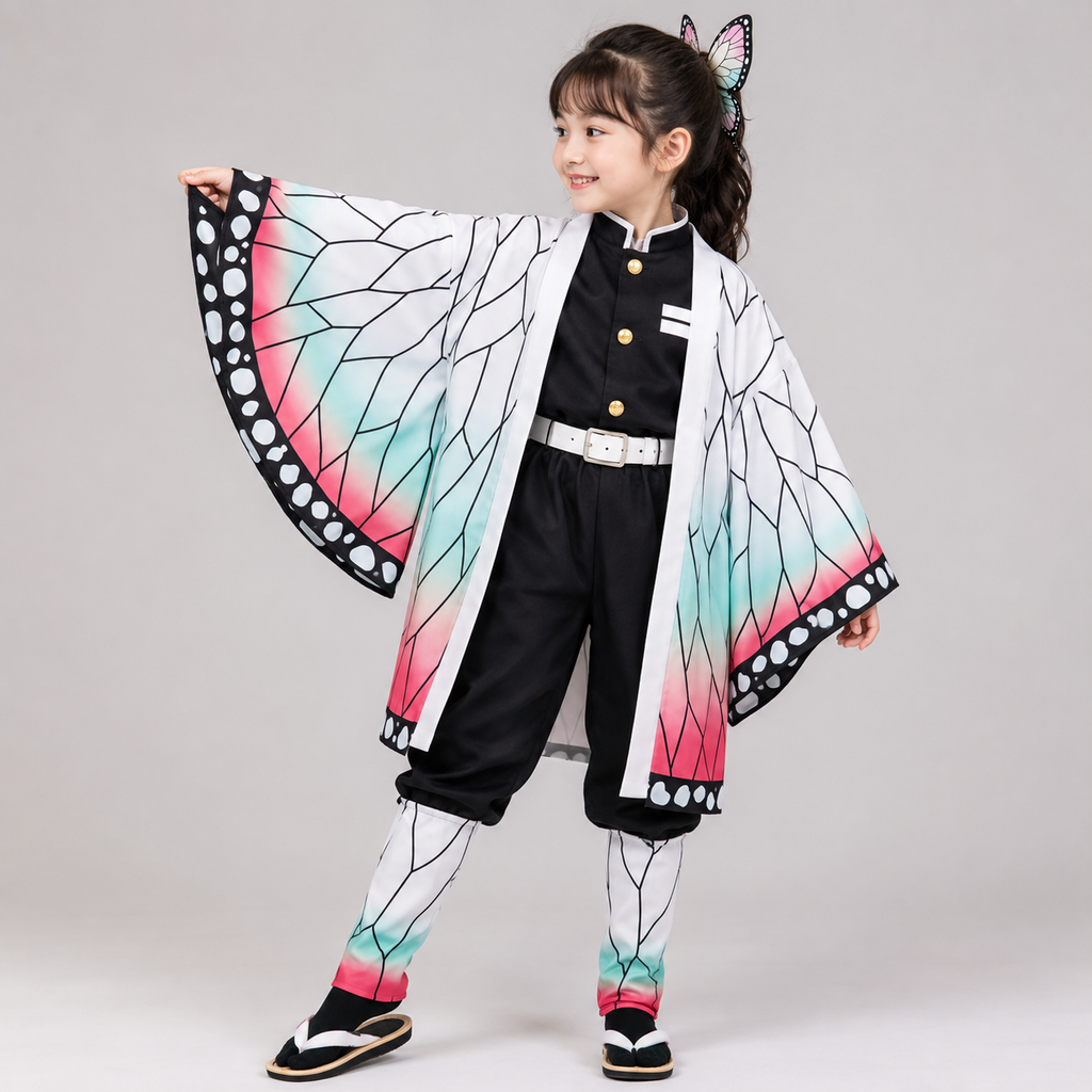 Kids' Anime Cosplay Costume with Butterfly Kimono Coat High-Collar Shirt and Accessories Five-Piece Set - Image 1