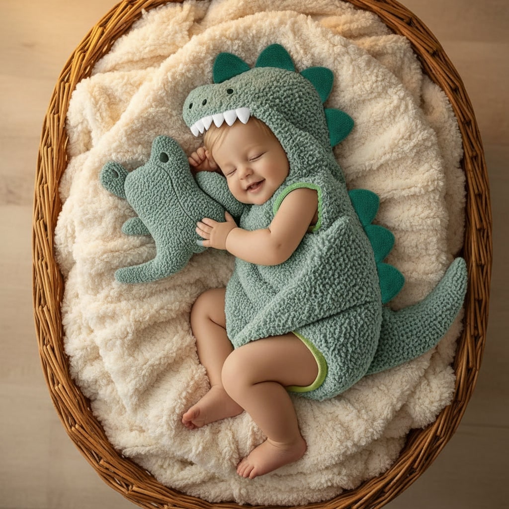 Kids' Dinosaur Costume Hooded Romper with Sherpa Fleece and Spikes - Image 1