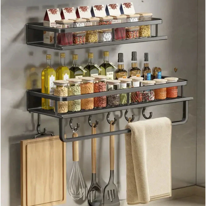 Kitchen Spice Rack Wall Mounted with Towel Bar and Sliding Hooks - Image 5