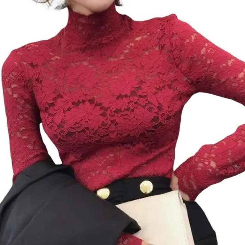 Lace Top with Long Sleeves Mock Neck and Floral Pattern for Going Out - Image 7