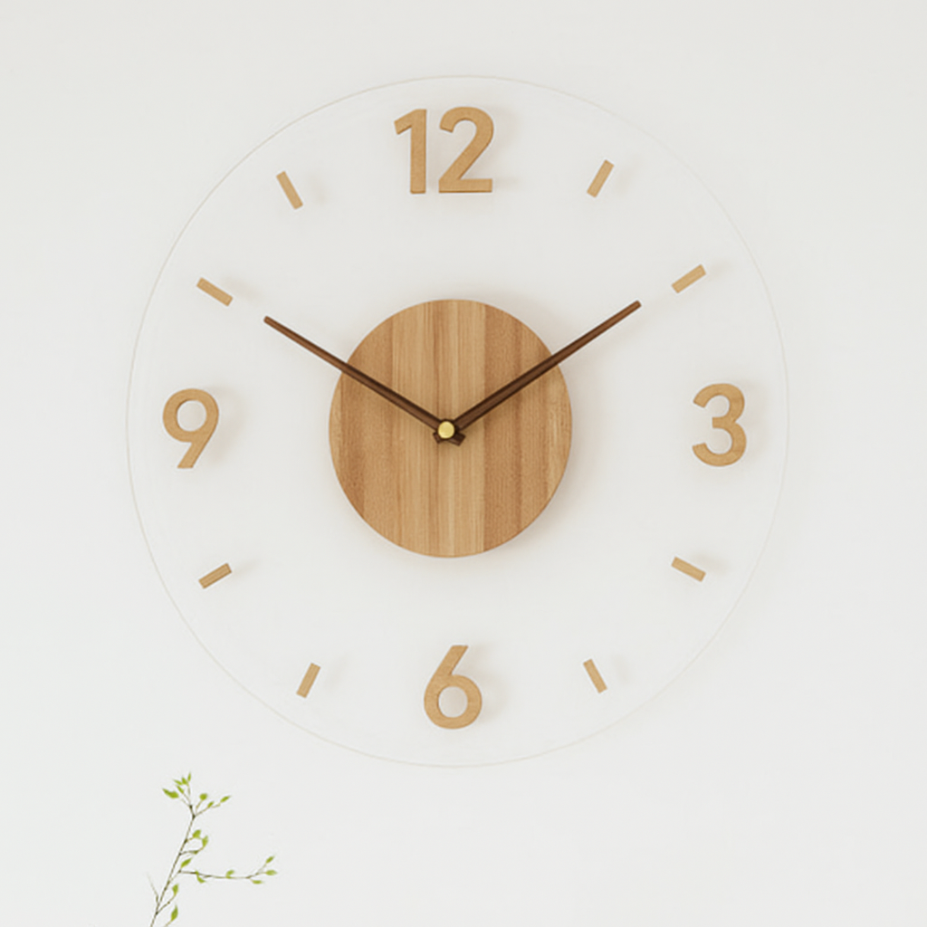 Large Wall Clock with Transparent Acrylic and Wooden Accents Modern Minimalist Design - Image 3