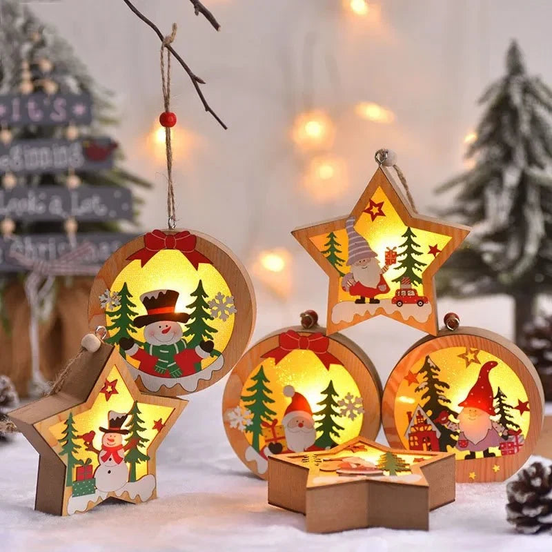 LED Light Up Christmas Ornaments with Wooden Laser-Cut Design and Warm Glow - Image 1