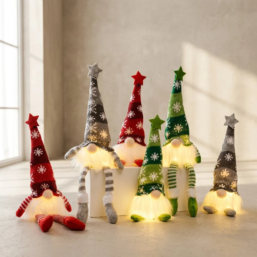 Light Up Christmas Gnome Decoration with Snowflake Knit Hat and Faux Fur Beard - Image 1