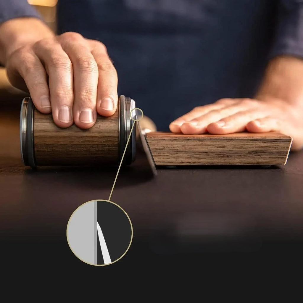 Magnetic Rolling Knife Sharpener with Wooden Base and 15 Degree Angle Guide - Image 1