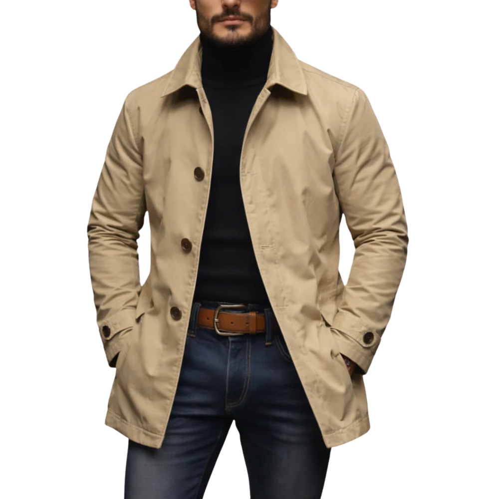 Men's Car Coat Single Breasted with Structured Woven Fabric and Point Collar - Image 1