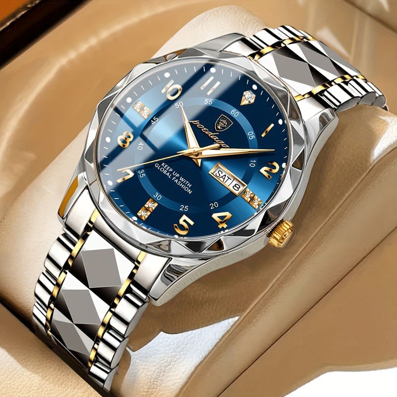 Men's Dress Watch Day Date Window Faceted Bezel and Sunburst - Image 6