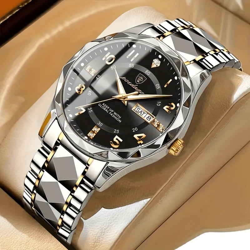 Men's Dress Watch Day Date Window Faceted Bezel and Sunburst - Image 7