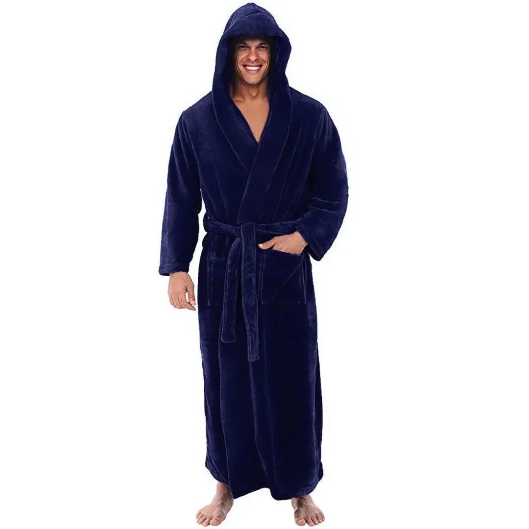 Men's Fleece Robe with Hood Long Hooded Bathrobe with Pockets and Belt - Image 6