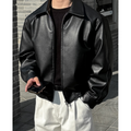 Men's Leather Bomber Jacket with Pointed Collar and Relaxed Fit - Image 1