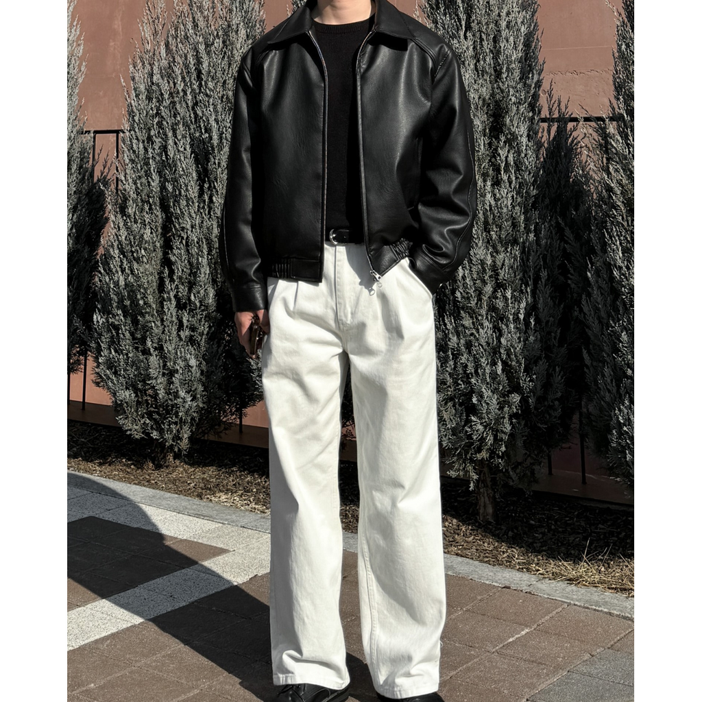 Men's Leather Bomber Jacket with Pointed Collar and Relaxed Fit - Image 3