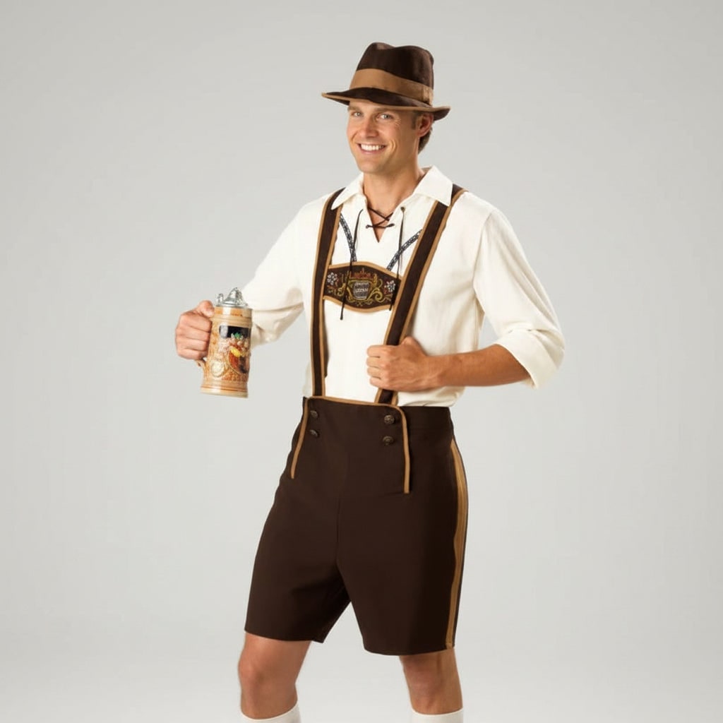 Men's Oktoberfest Costume with Lederhosen and Suspenders - Image 1