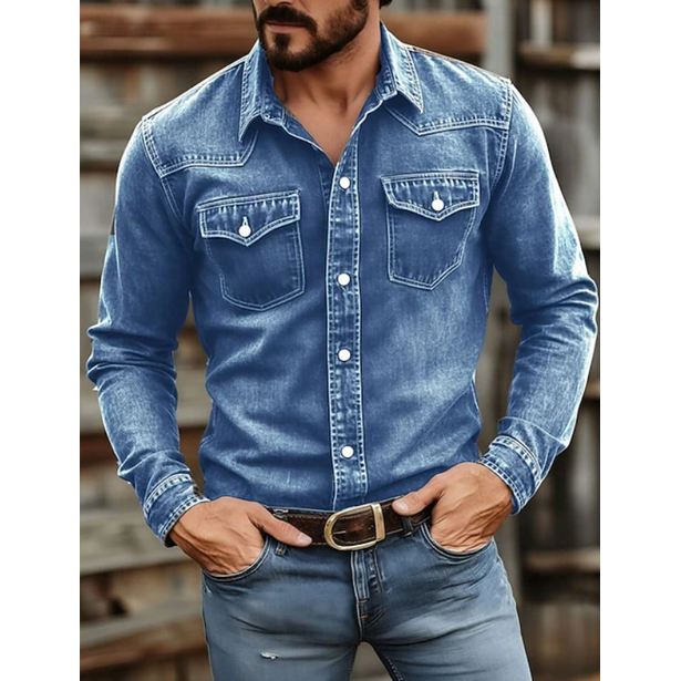 Men's Western Denim Shirt with Snap Button Chest Pockets and Slim Fit - Image 3