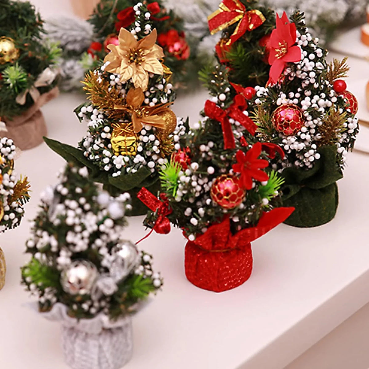 Mini Christmas Tree Tabletop Artificial with Ornaments and Poinsettia Topper - Image 2
