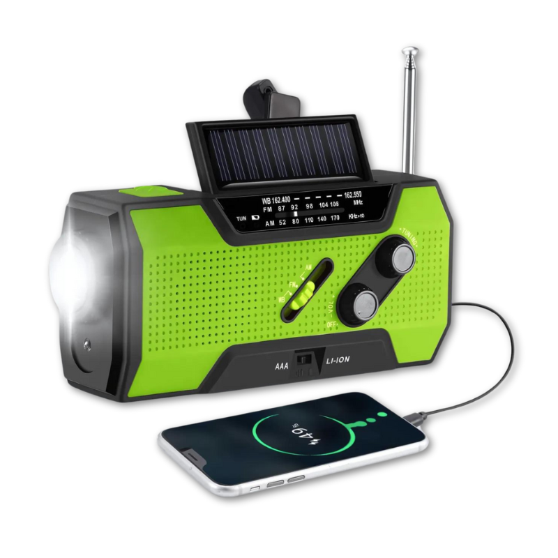 National Weather Radio with Am Fm Solar Panel Hand Crank LED Flashlight and Power Bank - Image 1