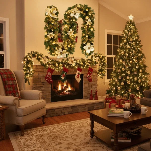 Pre-Lit Christmas Garland with LED Lights Poinsettia Flowers and Ornaments - Image 4
