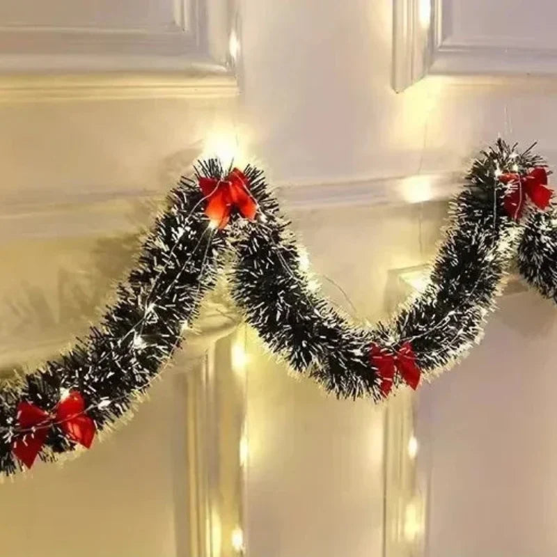 Pre-Lit Tinsel Garland with LED Lights Frosted Tips Bows - Image 9