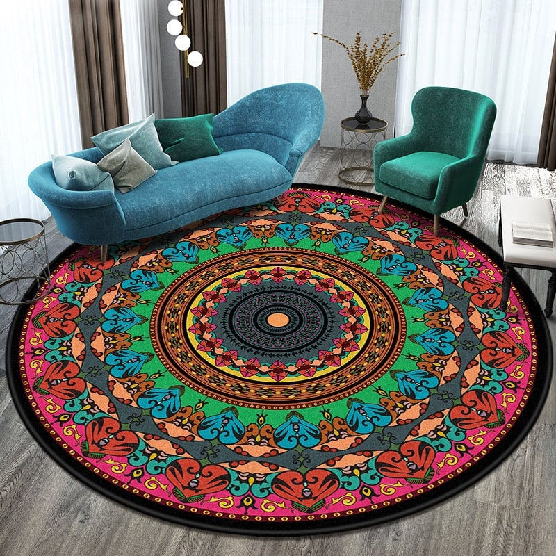 Round Area Rug with Geometric Mandala Pattern and Bohemian Tribal Motifs - Image 1