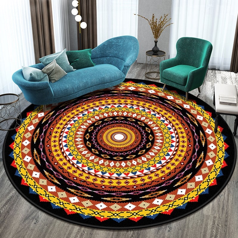 Round Area Rug with Geometric Mandala Pattern and Bohemian Tribal Motifs - Image 3