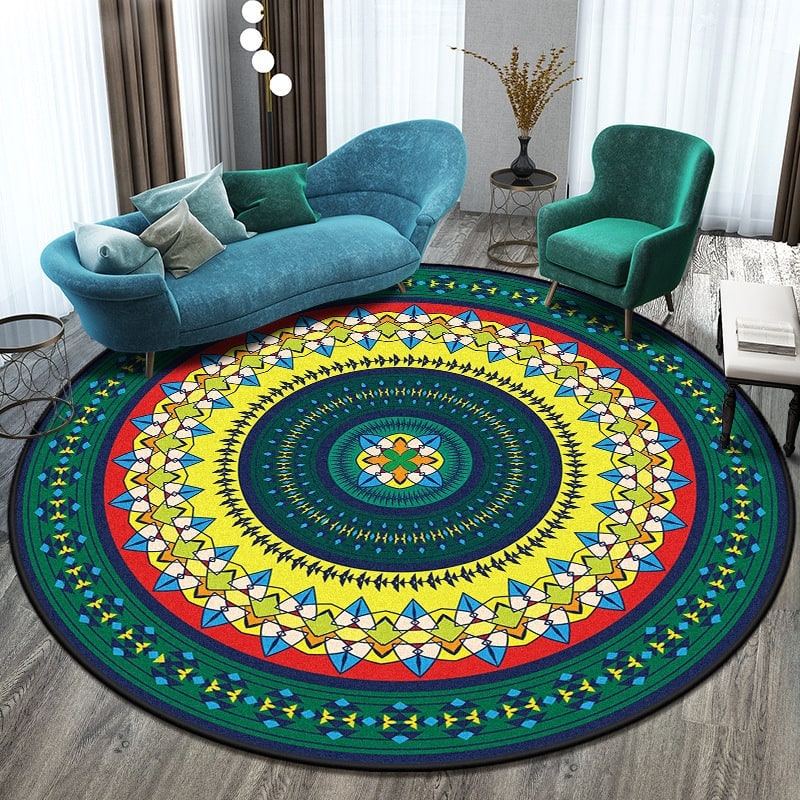Round Area Rug with Geometric Mandala Pattern and Bohemian Tribal Motifs - Image 5