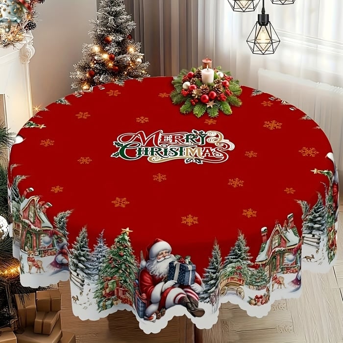 Round Christmas Tablecloth with Scalloped Edges and Festive Holiday Print - Image 1