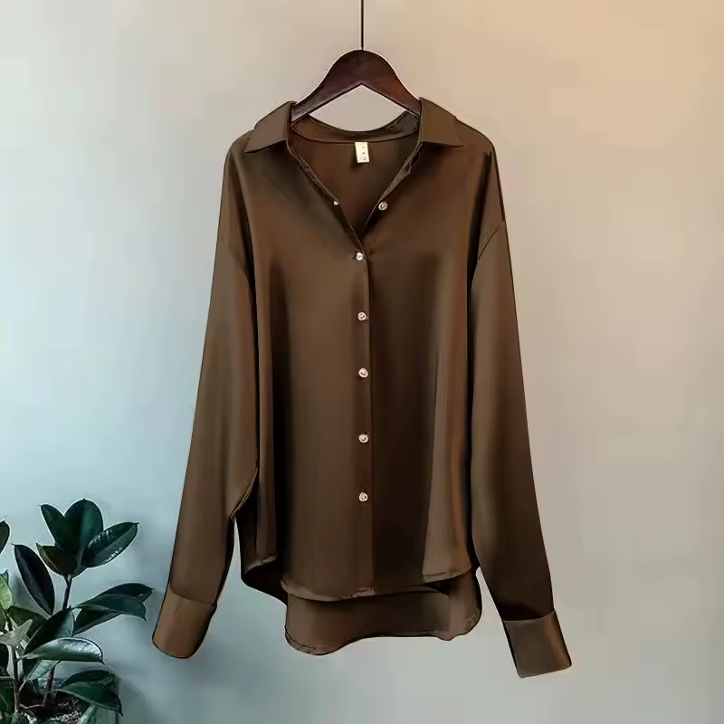 Satin Button Up Blouse with Long Sleeves and High-Low Hem - Image 7