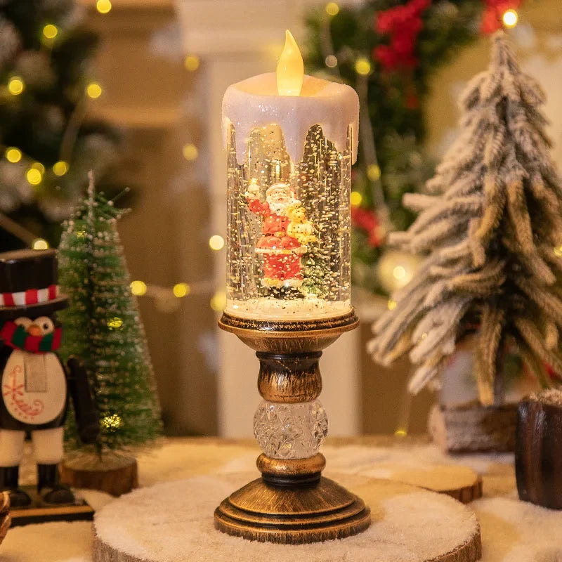 Snow Globe LED Christmas Candle with Glitter Swirl and Brass Pedestal Stand - Image 2