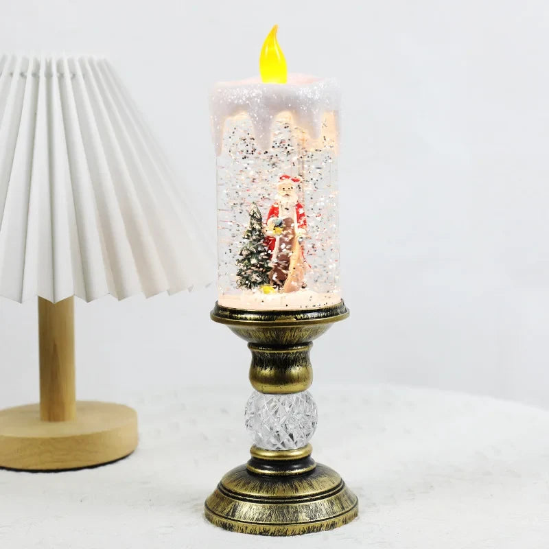 Snow Globe LED Christmas Candle with Glitter Swirl and Brass Pedestal Stand - Image 5