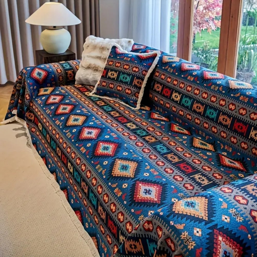 Sofa Throw Blanket with Woven Geometric Bohemian Pattern and Fringe Trim - Image 2