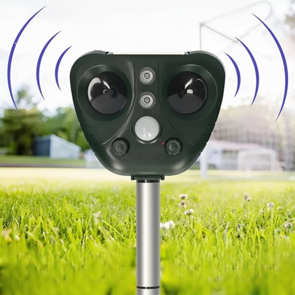 Solar Powered Ultrasonic Pest Repeller with Motion Sensor and Flashing LED Lights - Image 1