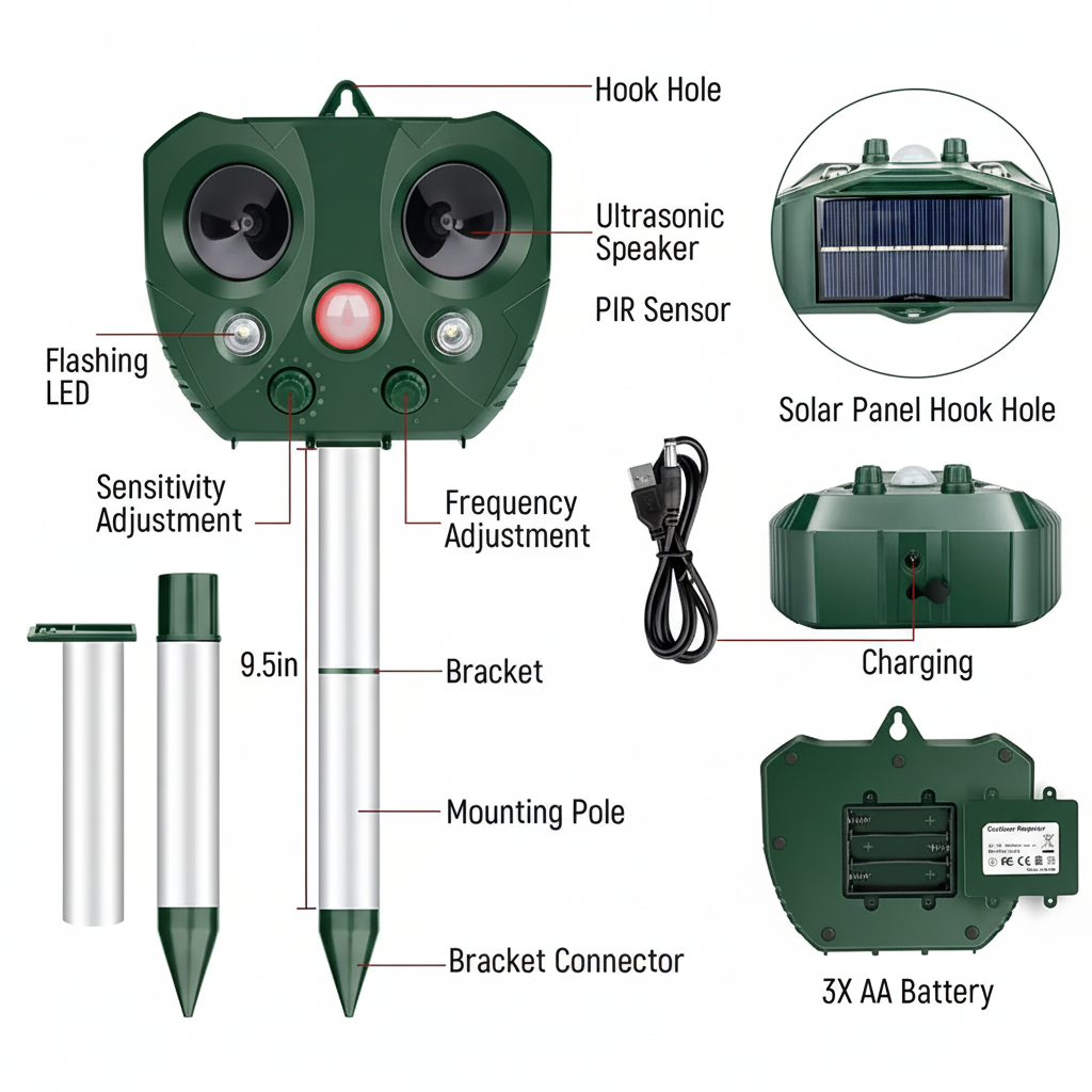 Solar Powered Ultrasonic Pest Repeller with Motion Sensor and Flashing LED Lights - Image 9