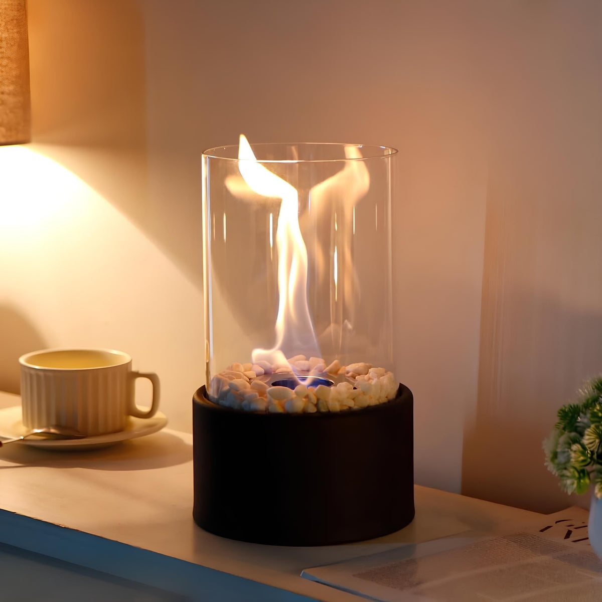 Tabletop Fire Pit with Glass Cylinder and Decorative Stones Indoor Portable Smokeless Fireplace - Image 4