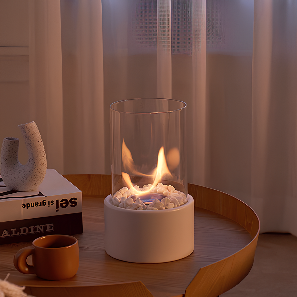 Tabletop Fire Pit with Glass Cylinder and Decorative Stones Indoor Portable Smokeless Fireplace - Image 7